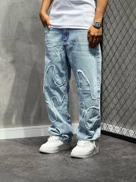 CALÇA RETA JEANS “PATCHWORK”
