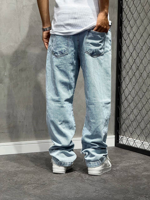 CALÇA RETA JEANS “PATCHWORK”