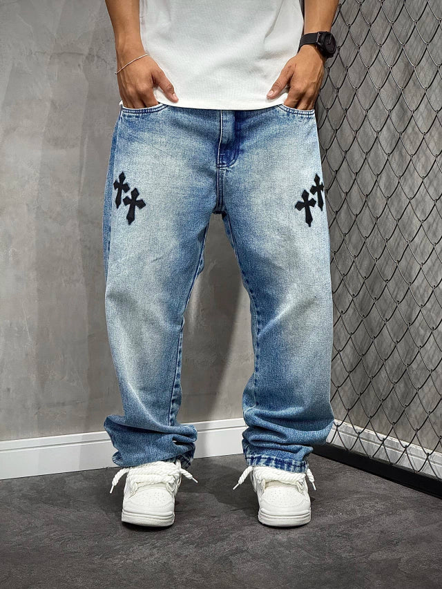 CALÇA DENIM CASUAL SOLTA PATCH CRUZ